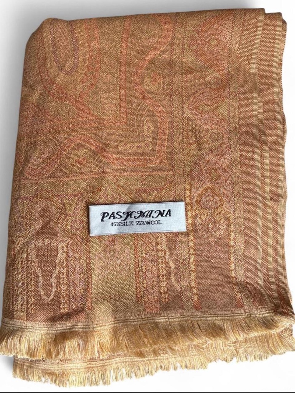 Pashmina wool & silk paisley fringe scarf rust orange yellow warm quiet luxury